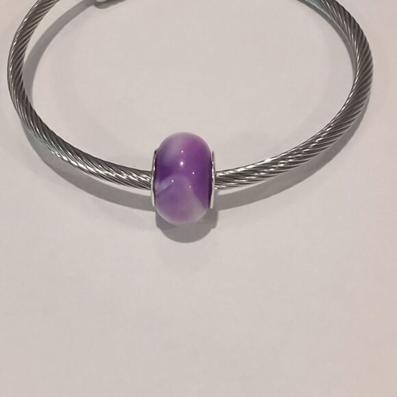 Silver Purple and White Blended Charm for Pandora Style Bracelet - Picture 1 of 6